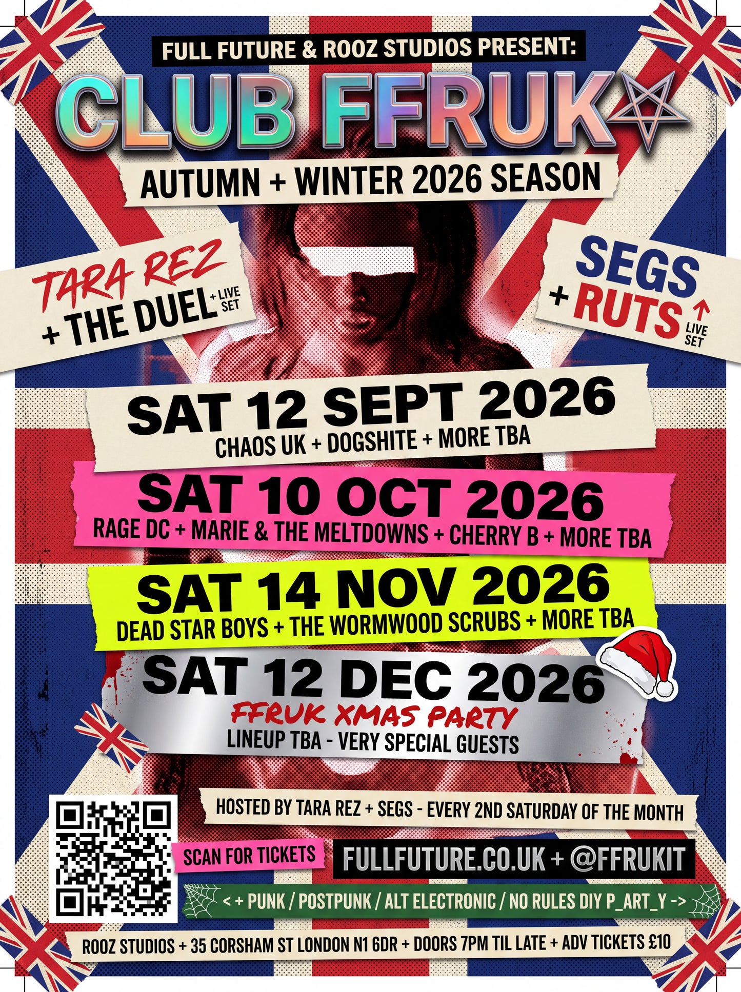Club FFRUK autumn/winter 2026 season poster: Sat 12 Sept, Sat 10 Oct, Sat 14 Nov and Sat 12 Dec 2026 at Rooz Studios, 35 Corsham Street, London N1 6DR. Doors 7pm, £10 advance. Hosted by Tara Rez and Segs.