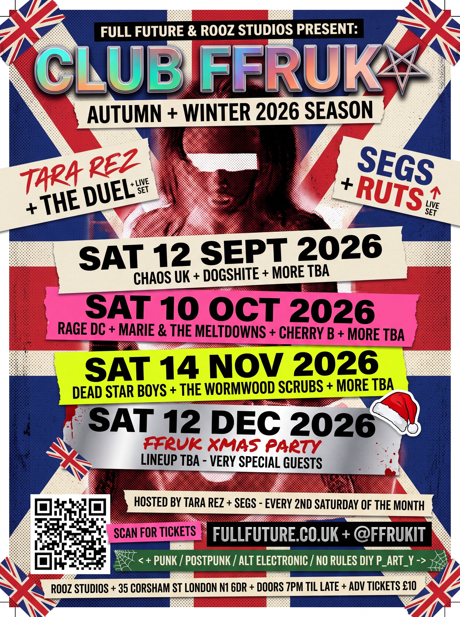 Club FFRUK autumn/winter 2026 season poster: Sat 12 Sept, Sat 10 Oct, Sat 14 Nov and Sat 12 Dec 2026 at Rooz Studios, 35 Corsham Street, London N1 6DR. Doors 7pm, £10 advance. Hosted by Tara Rez and Segs.